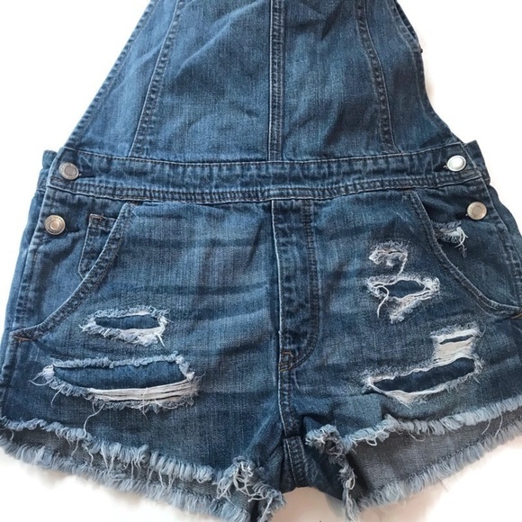 American Eagle Distressed Denim Overalls Shorts Shortalls XS EUC - Picture 6 of 11